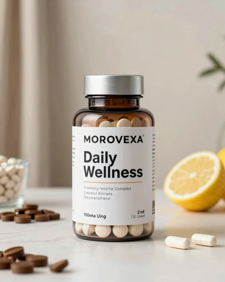 Morovexa supplement bottle with daily wellness complex